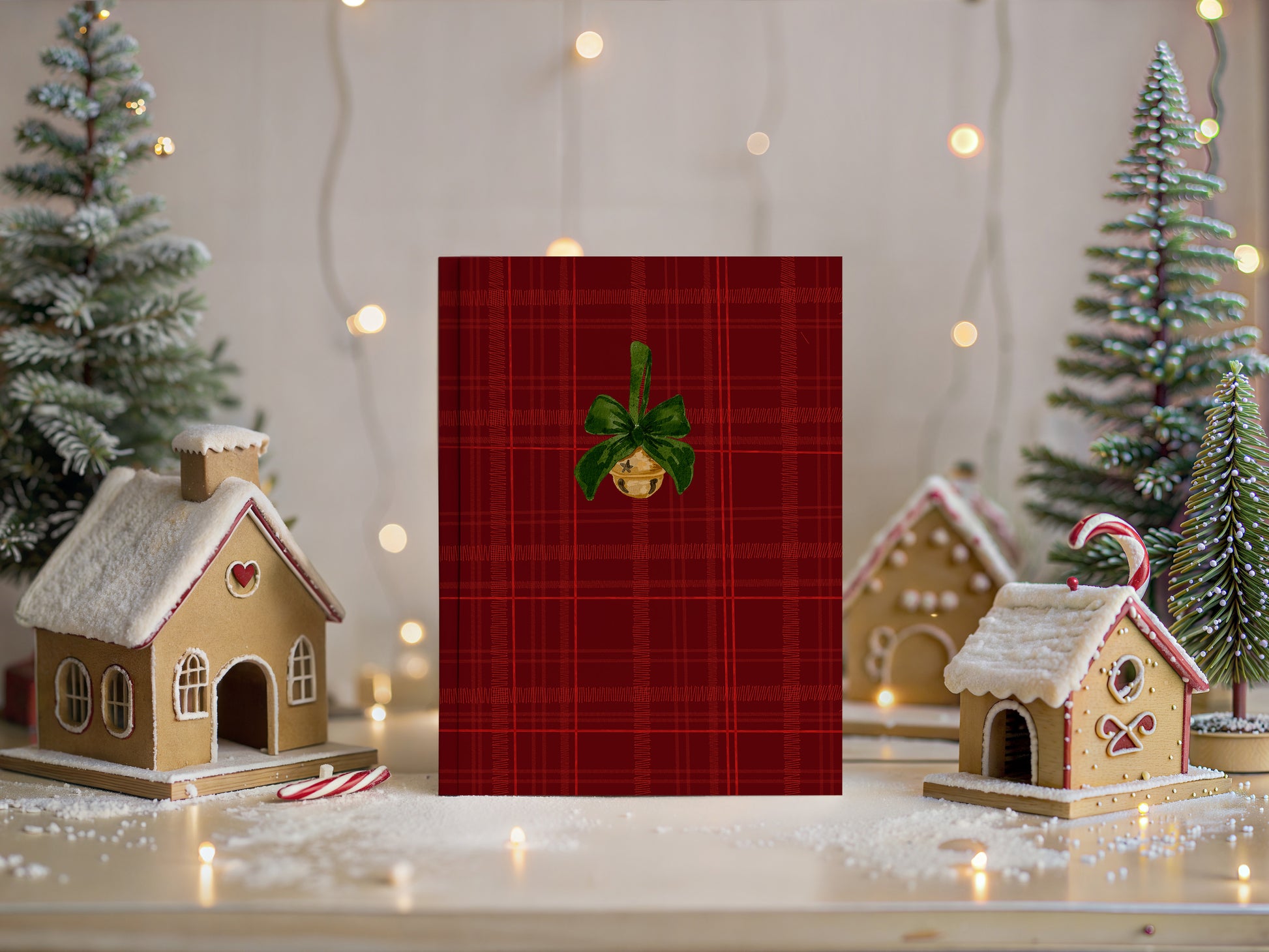 Festive Green Ribbon Red Plaid Holiday Card Product