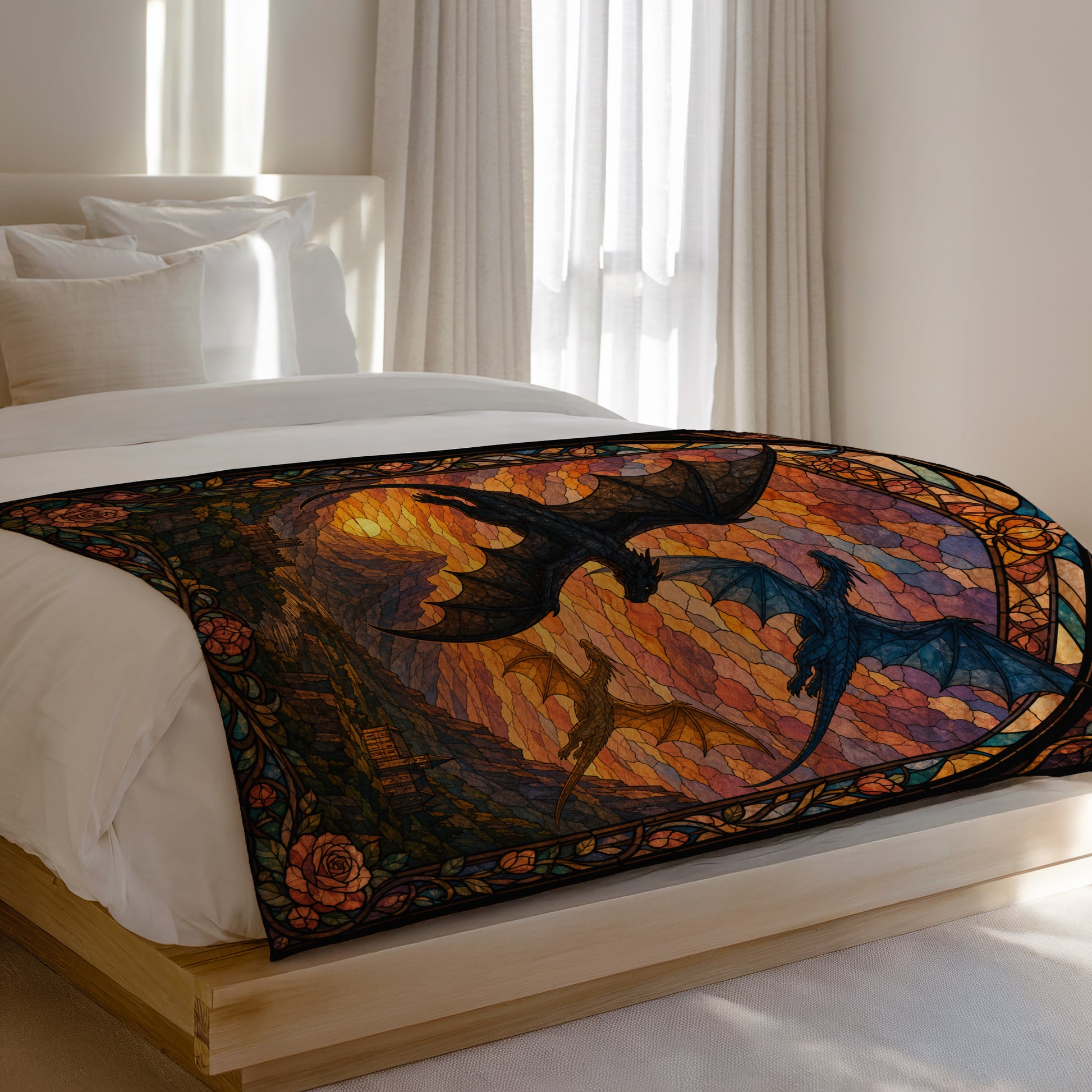 Stained glass design featuring dragons flying over a castle against a vibrant sunset.