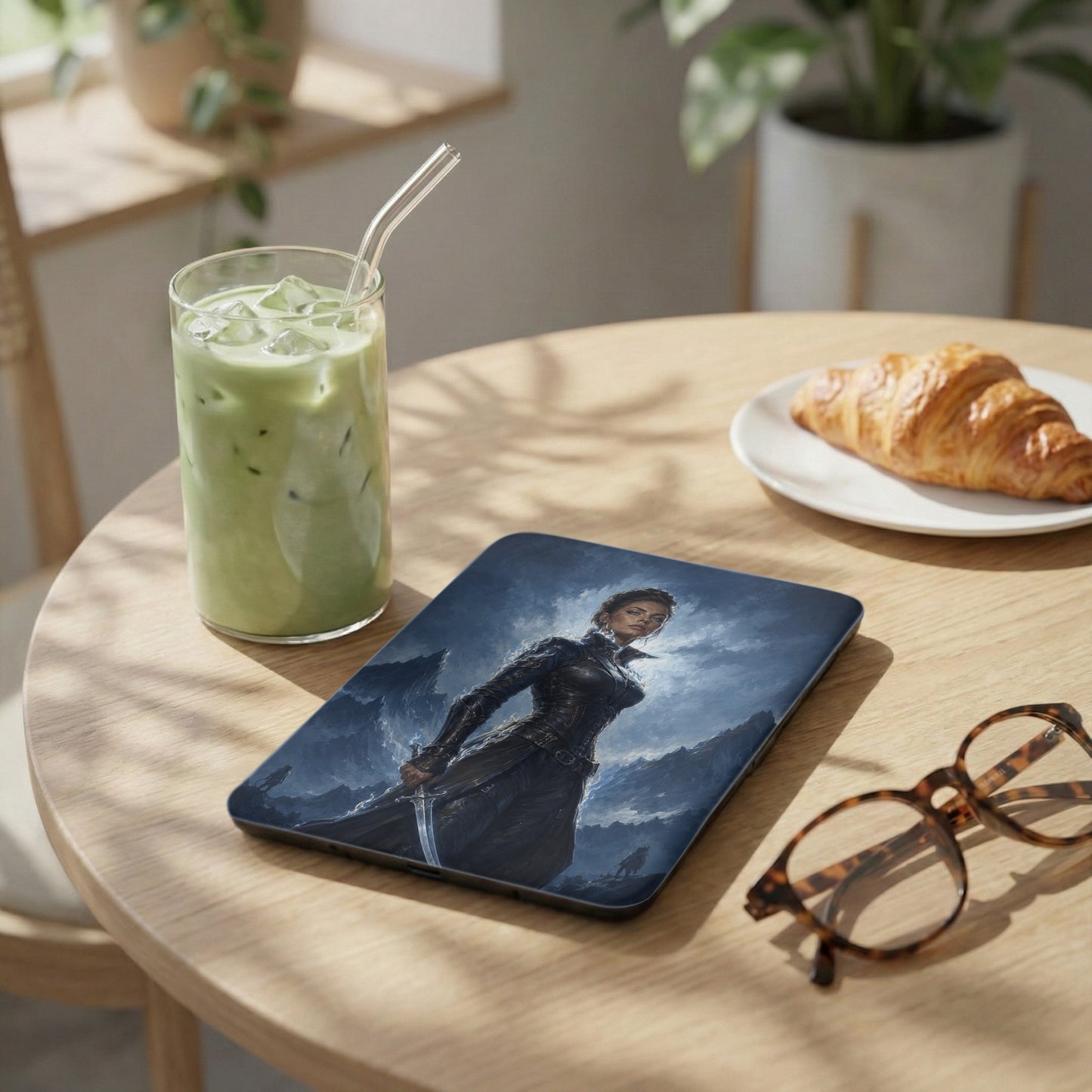 Tablet with dark fantasy warrior artwork, next to a matcha drink and croissant.