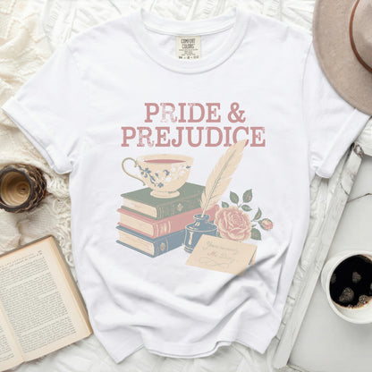 White t-shirt with Pride and Prejudice graphic and a teacup.