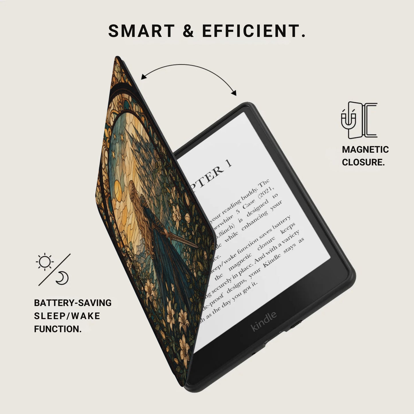 Black Kindle with stained glass cover, magnetic closure, and battery-saving sleep/wake function.