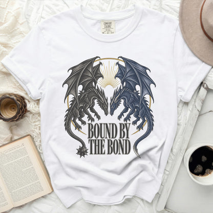 White t-shirt with "Bound by the Bond" text and two dragons.