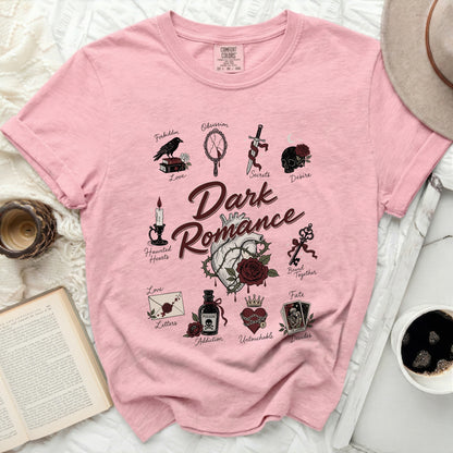 Pink t-shirt with "Dark Romance" graphic featuring gothic symbols and text.