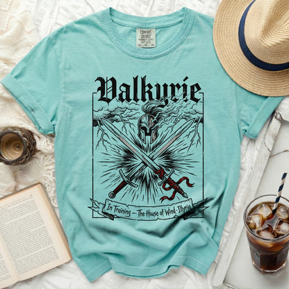 Aqua t-shirt with "Valkyrie" and crossed swords design.