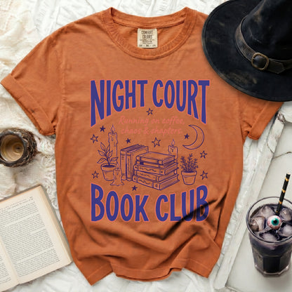 Orange t-shirt with "Night Court Book Club" and spooky design.