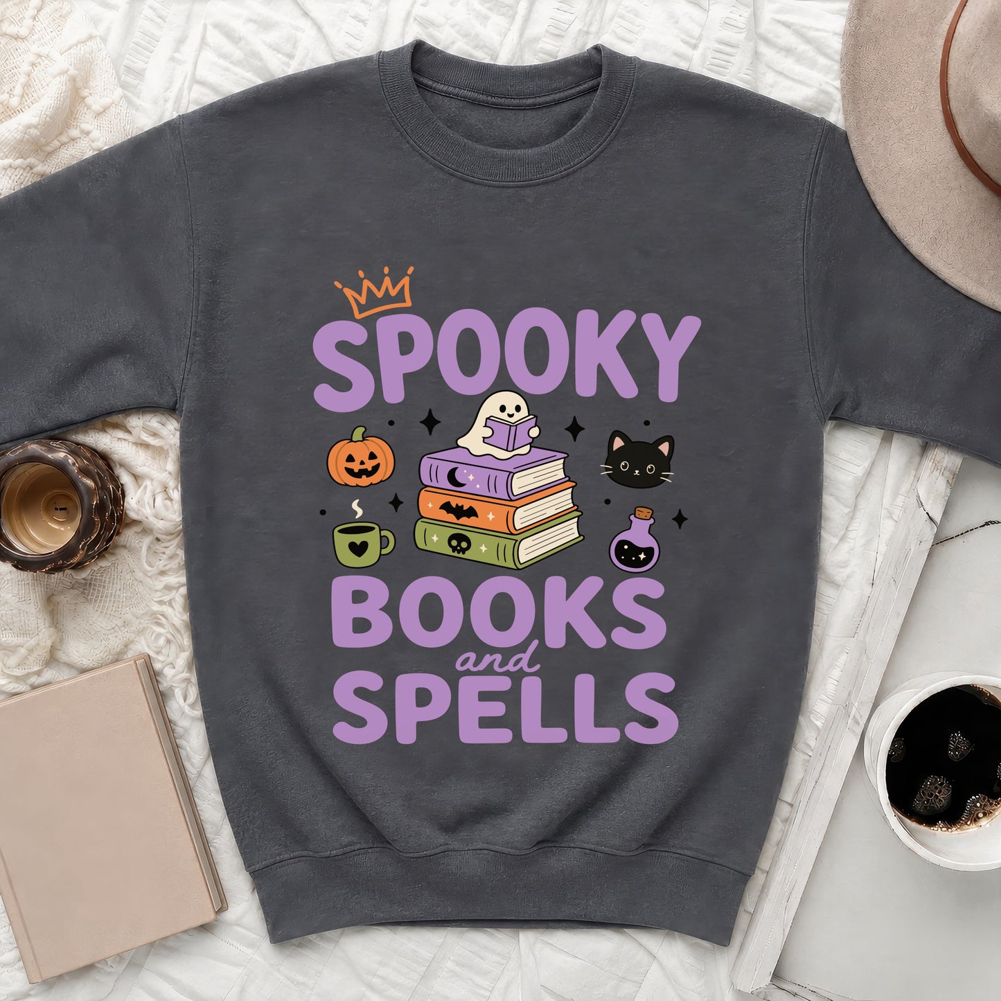 Dark gray sweatshirt with "SPOOKY BOOKS and SPELLS" graphic featuring a ghost and books.