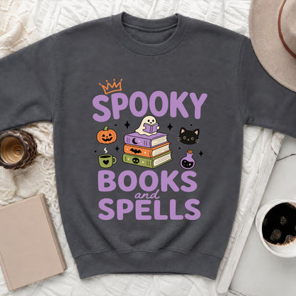 Dark gray sweatshirt with "SPOOKY BOOKS and SPELLS" graphic featuring a ghost and books.