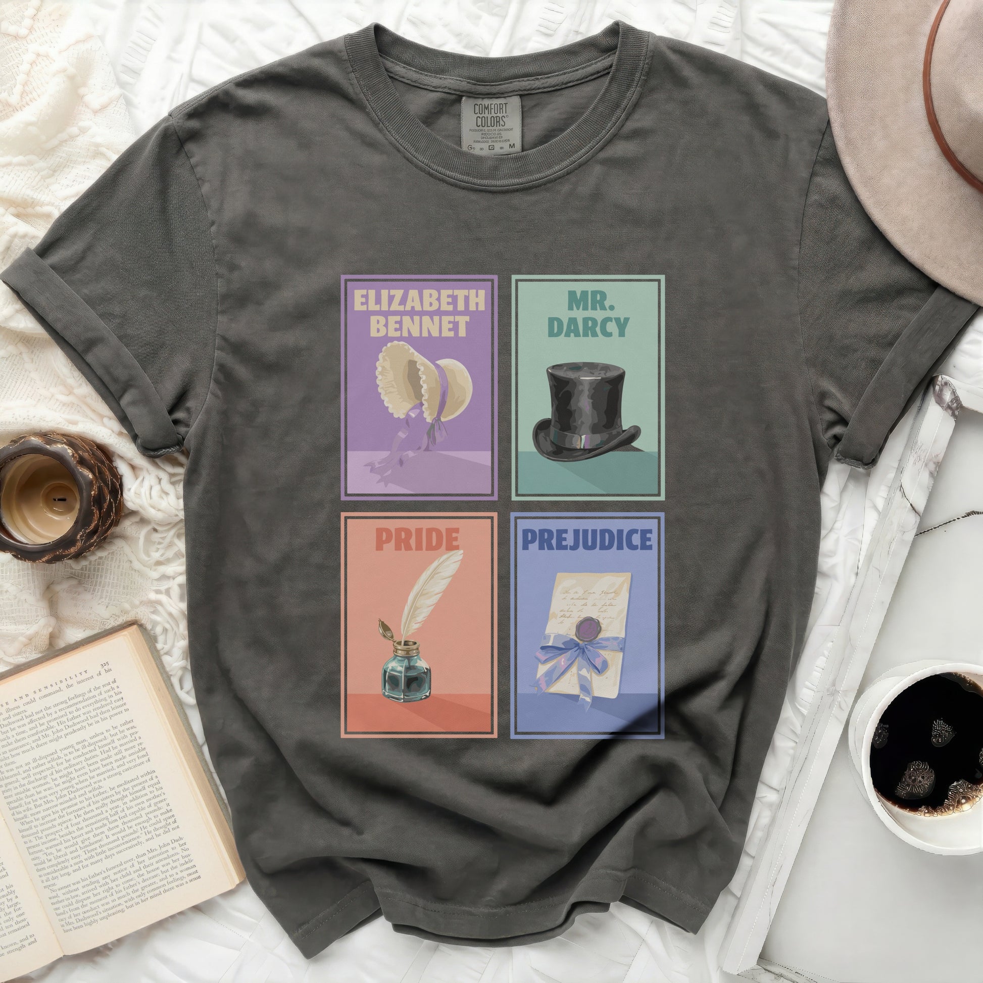 Grey t-shirt with Pride and Prejudice characters: Elizabeth, Mr. Darcy, Pride, Prejudice.
