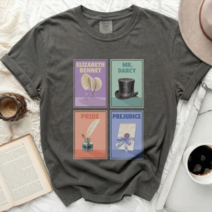 Grey t-shirt with Pride and Prejudice characters: Elizabeth, Mr. Darcy, Pride, Prejudice.