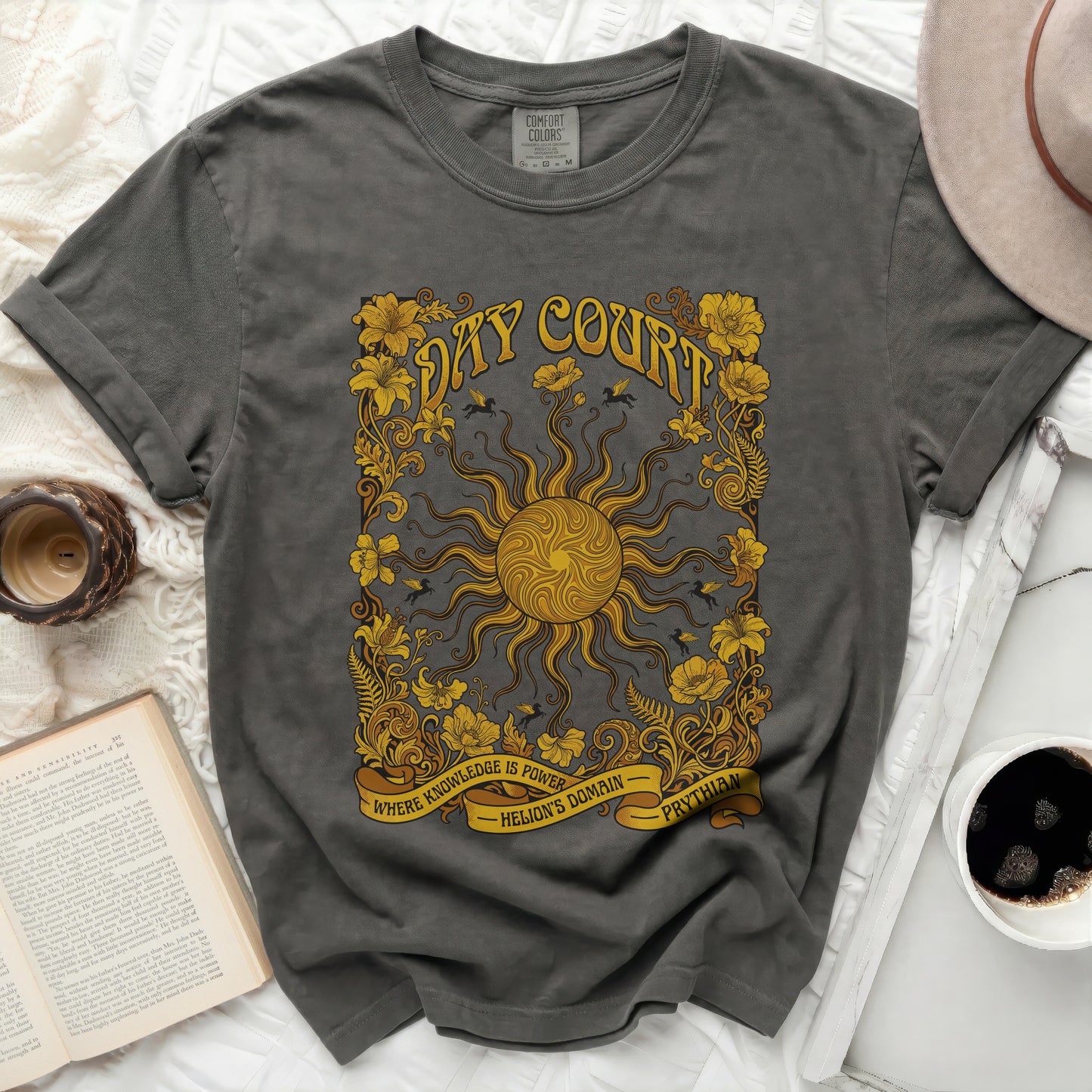 Dark gray t-shirt with a sun and floral design that reads "Dry Court".