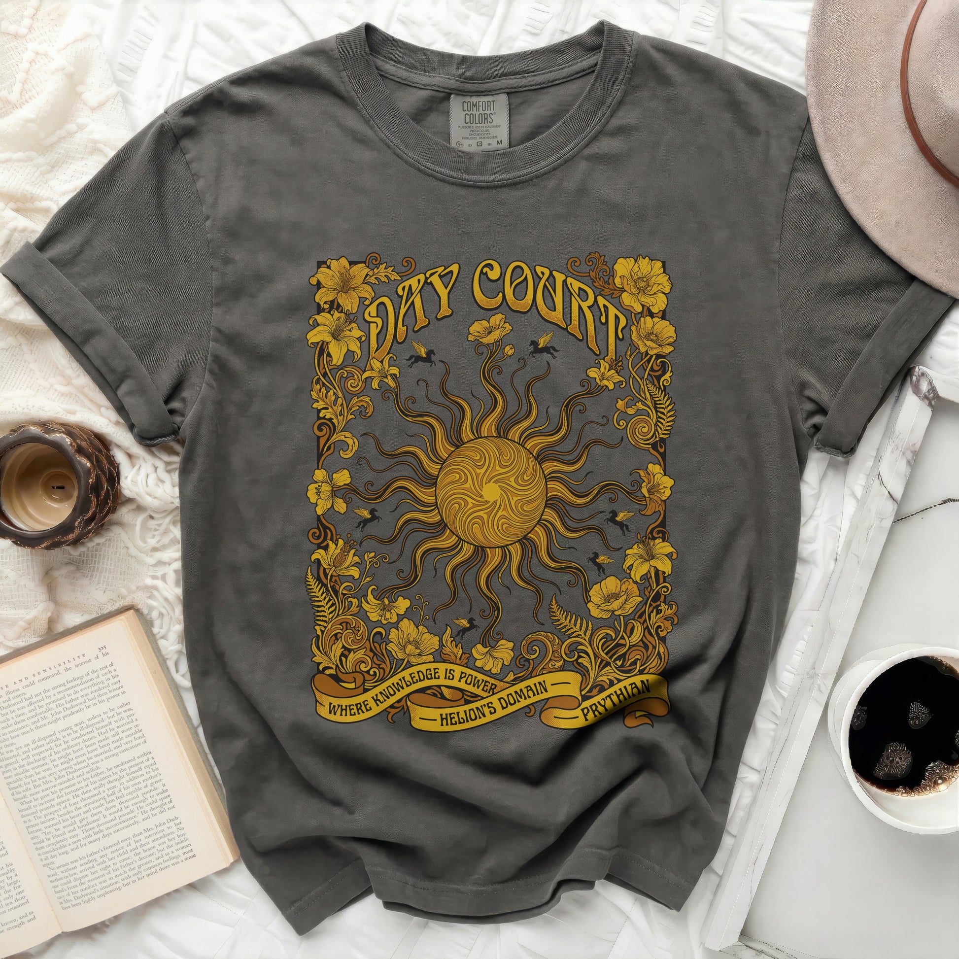 Dark gray t-shirt with a sun and floral design that reads "Dry Court".