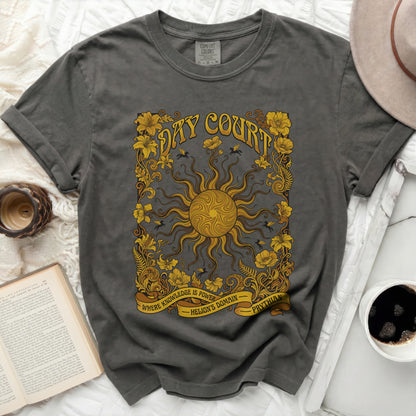 Dark gray t-shirt with a sun and floral design that reads "Dry Court".