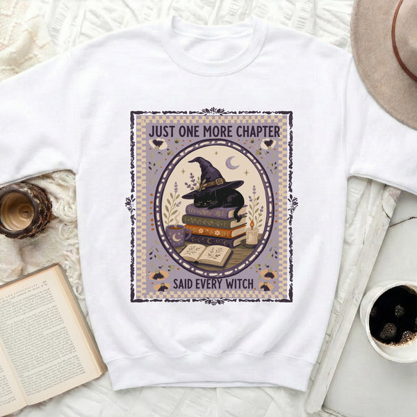 Just One More Chapter Black Cat Sweatshirt in White
