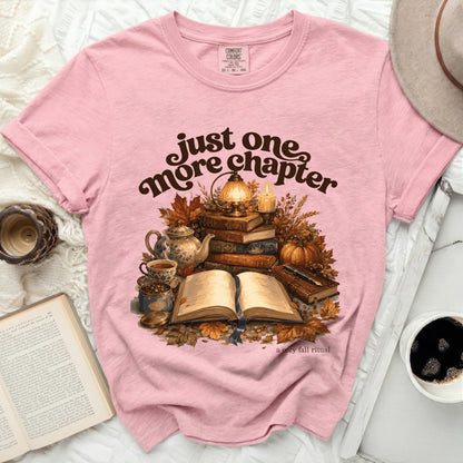 Pink t-shirt with "just one more chapter" and fall reading graphic.