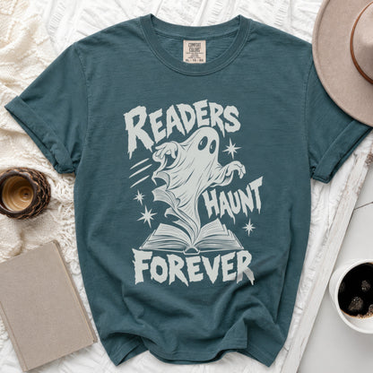 Teal t-shirt with ghost and open book graphic reading "Readers Haunt Forever".