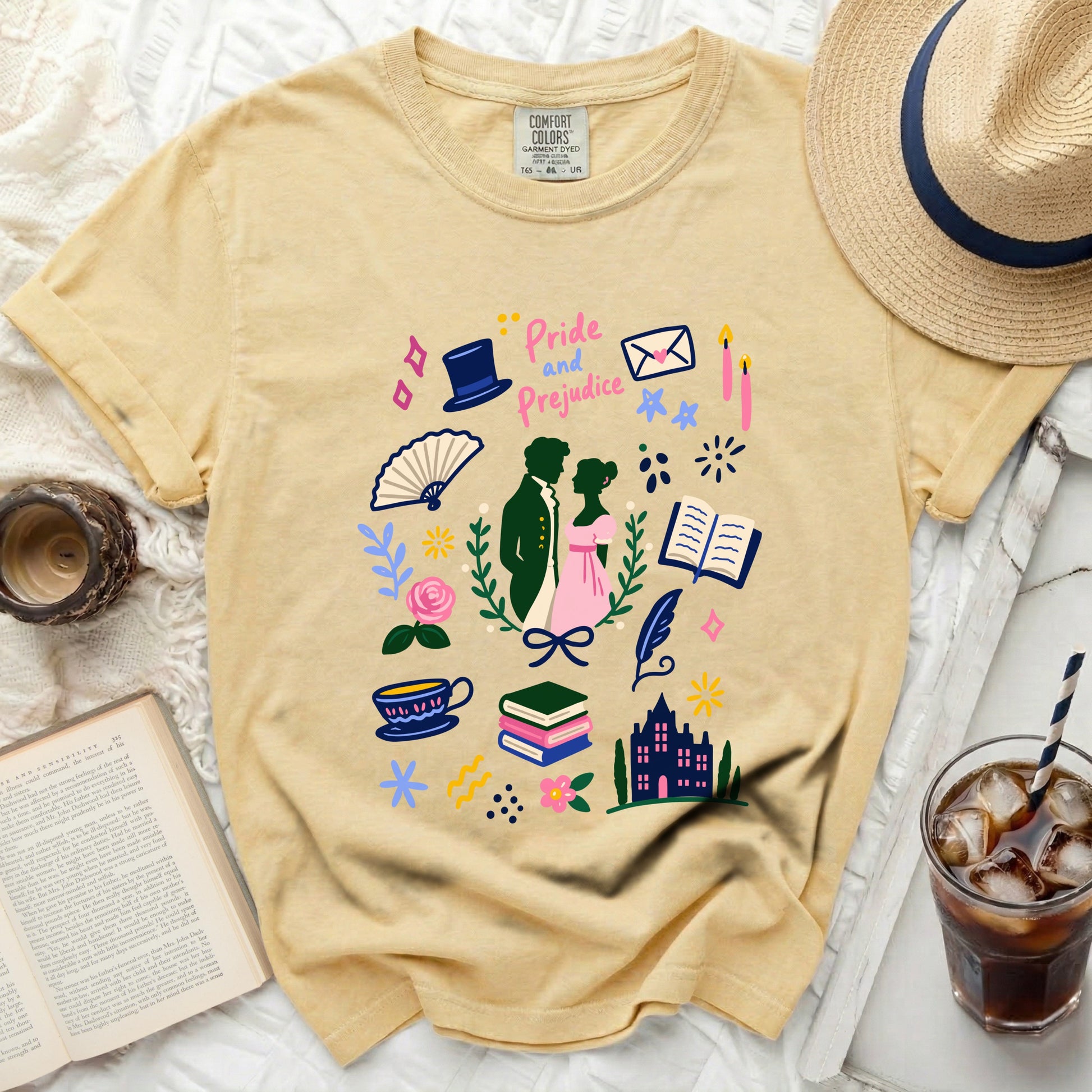 Yellow Comfort Colors t-shirt with Pride and Prejudice graphic art.