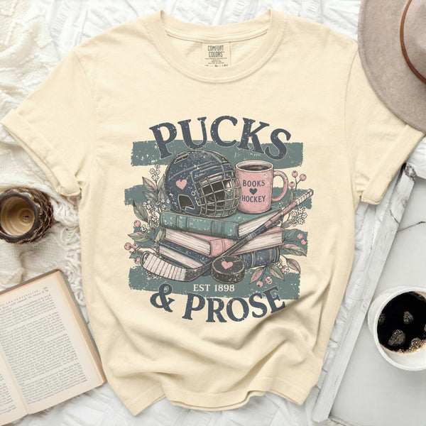 Pucks & Prose Literary Hockey Tee in Ivory