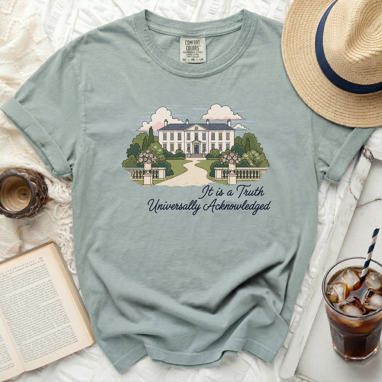 Comfort Colors t-shirt with illustration of a neoclassical mansion and grounds.