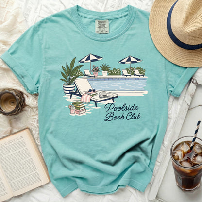 Teal t-shirt with "Poolside Book Club" text and swimming pool graphic.