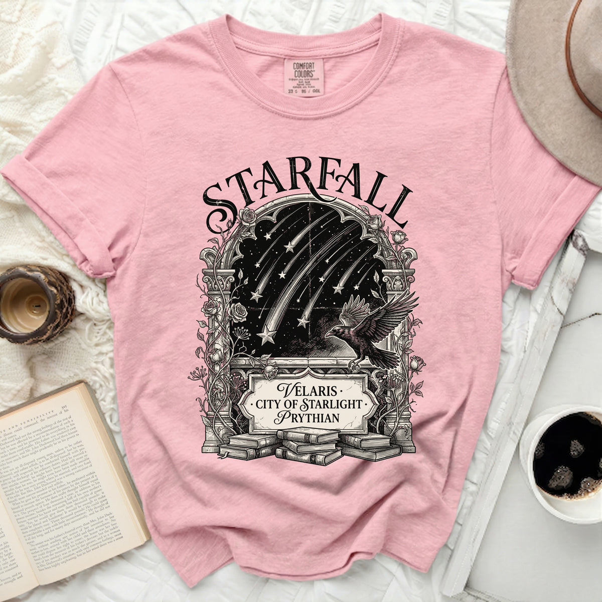 Pink t-shirt with "Starfall" and "Velaris City of Starlight Prythian" graphic.