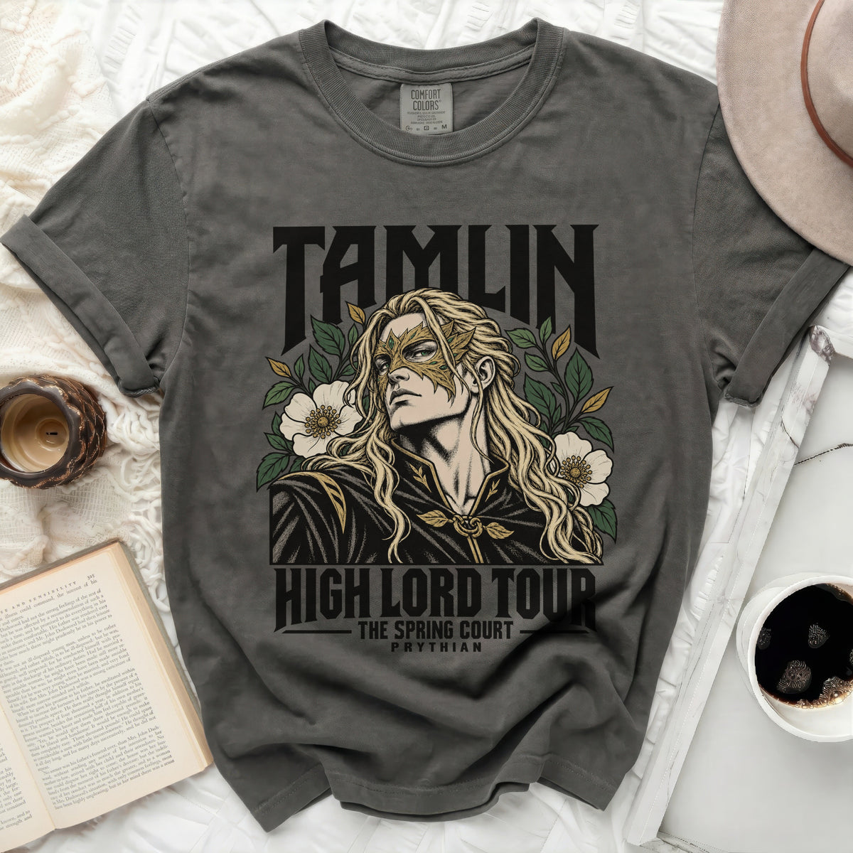 Tamlin High Lord Tour Prythian graphic t-shirt with masked portrait and flowers.