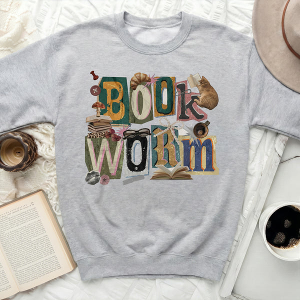 Book Worm Collage Sweatshirt in Sport Grey