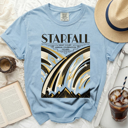 Light blue t-shirt with "Starfall Night Court Annual Celebration Velaris" graphic.