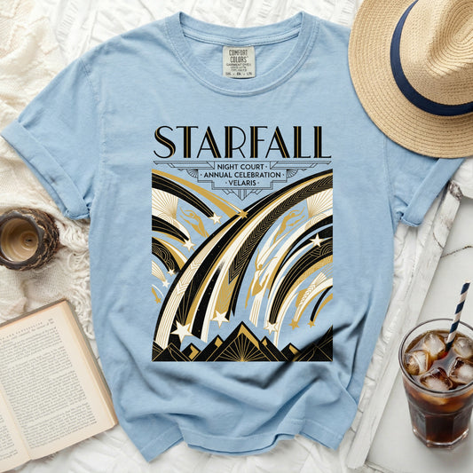 Light blue t-shirt with "Starfall Night Court Annual Celebration Velaris" graphic.