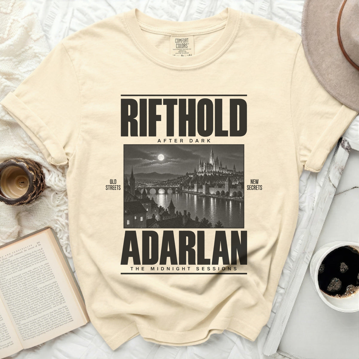 Cream Comfort Colors shirt with RIFTHOLD AFTER DARK and ADARLAN graphic.