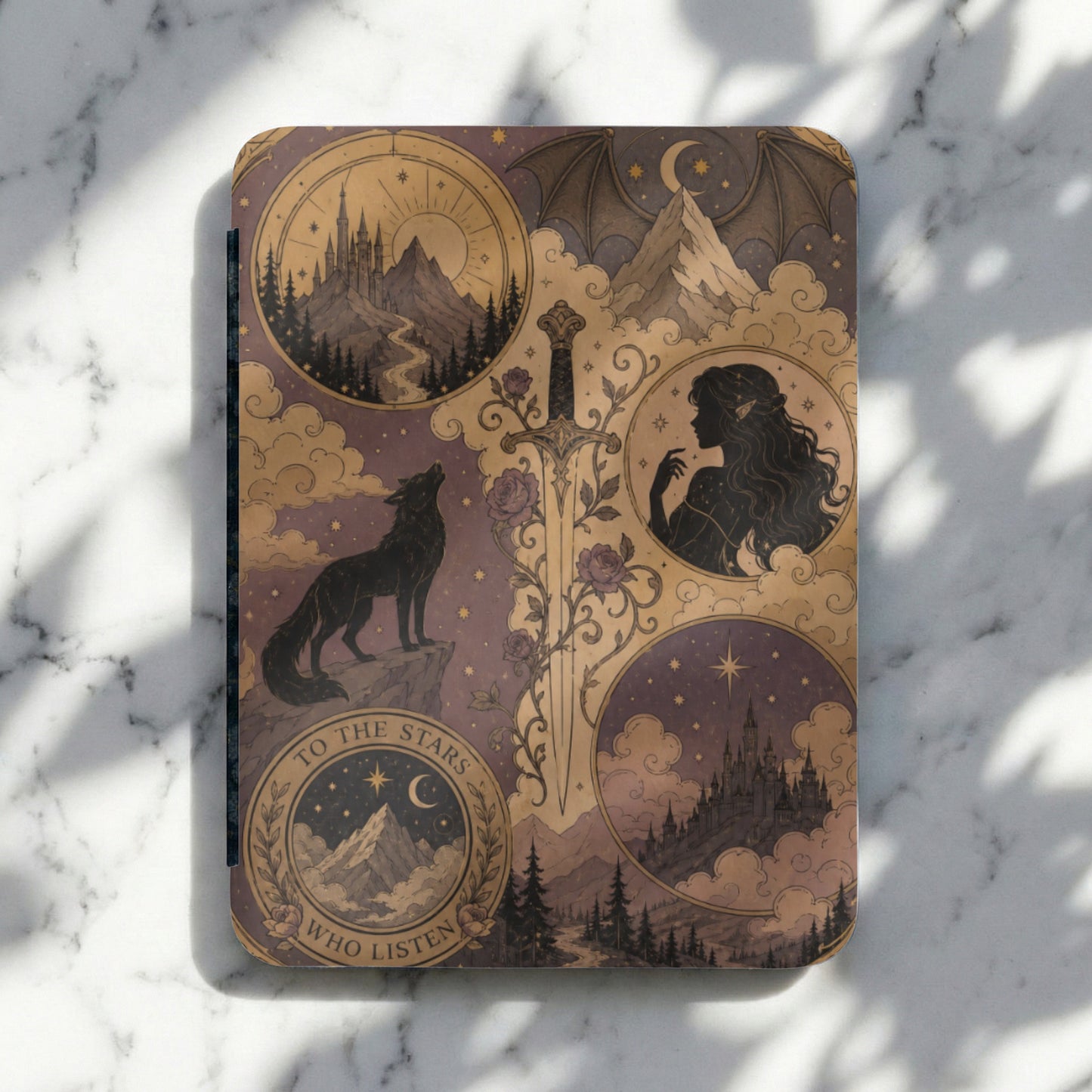 Cover art showing a wolf, castles, a sword, and a silhouette of a woman.