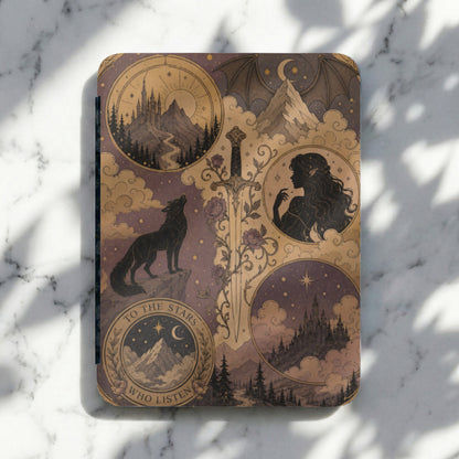 Cover art showing a wolf, castles, a sword, and a silhouette of a woman.