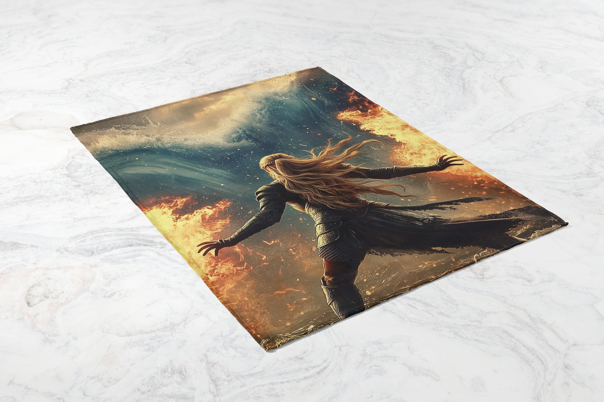 Epic Warrior Facing Fiery Wave Illustration product