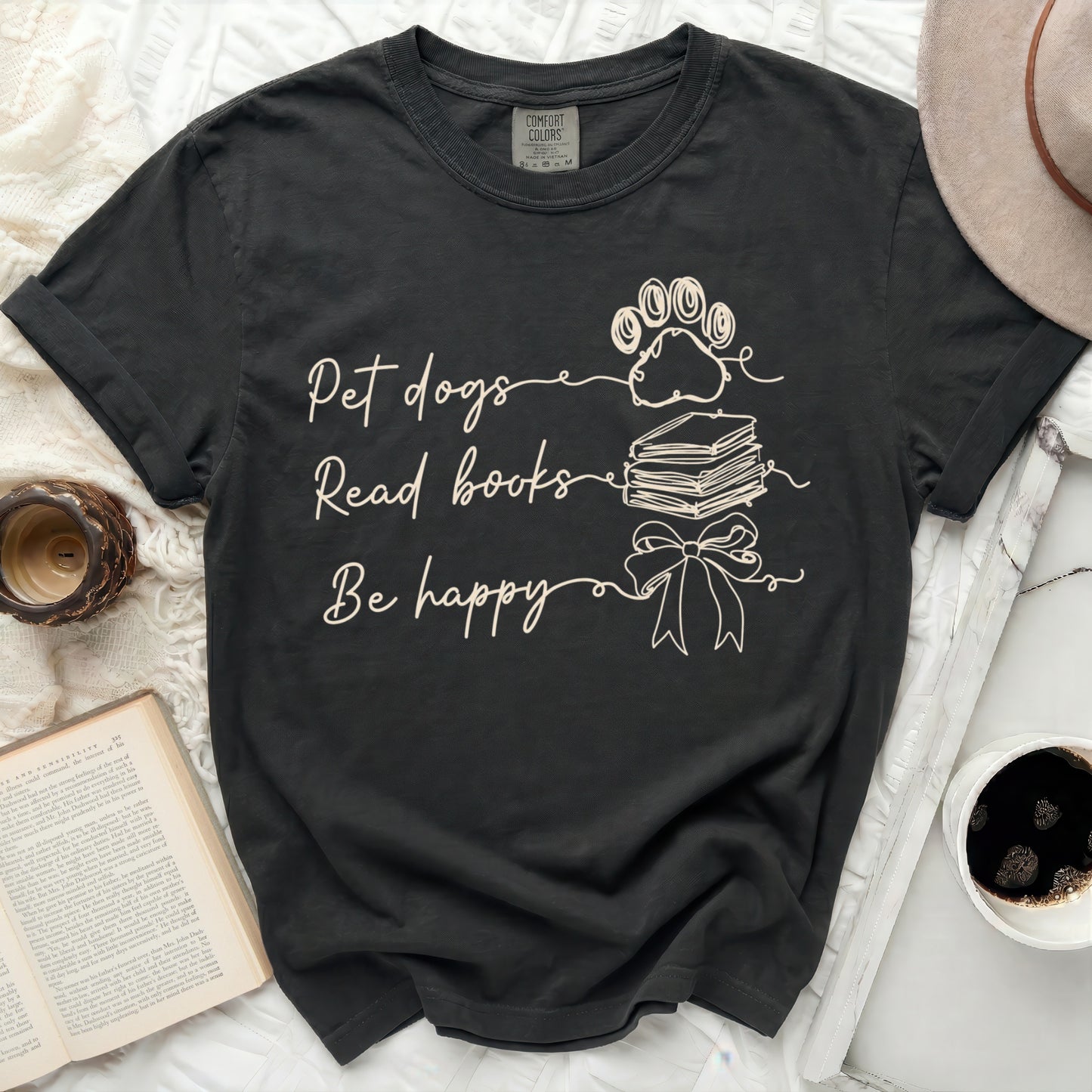 Comfort Colors t-shirt with "Pet dogs, Read books, Be happy" text.