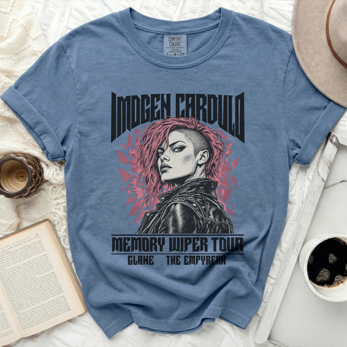Blue t-shirt with Imogen Cardullo graphic, "Memory Wiper Tour," and "Glane The Empyrean."