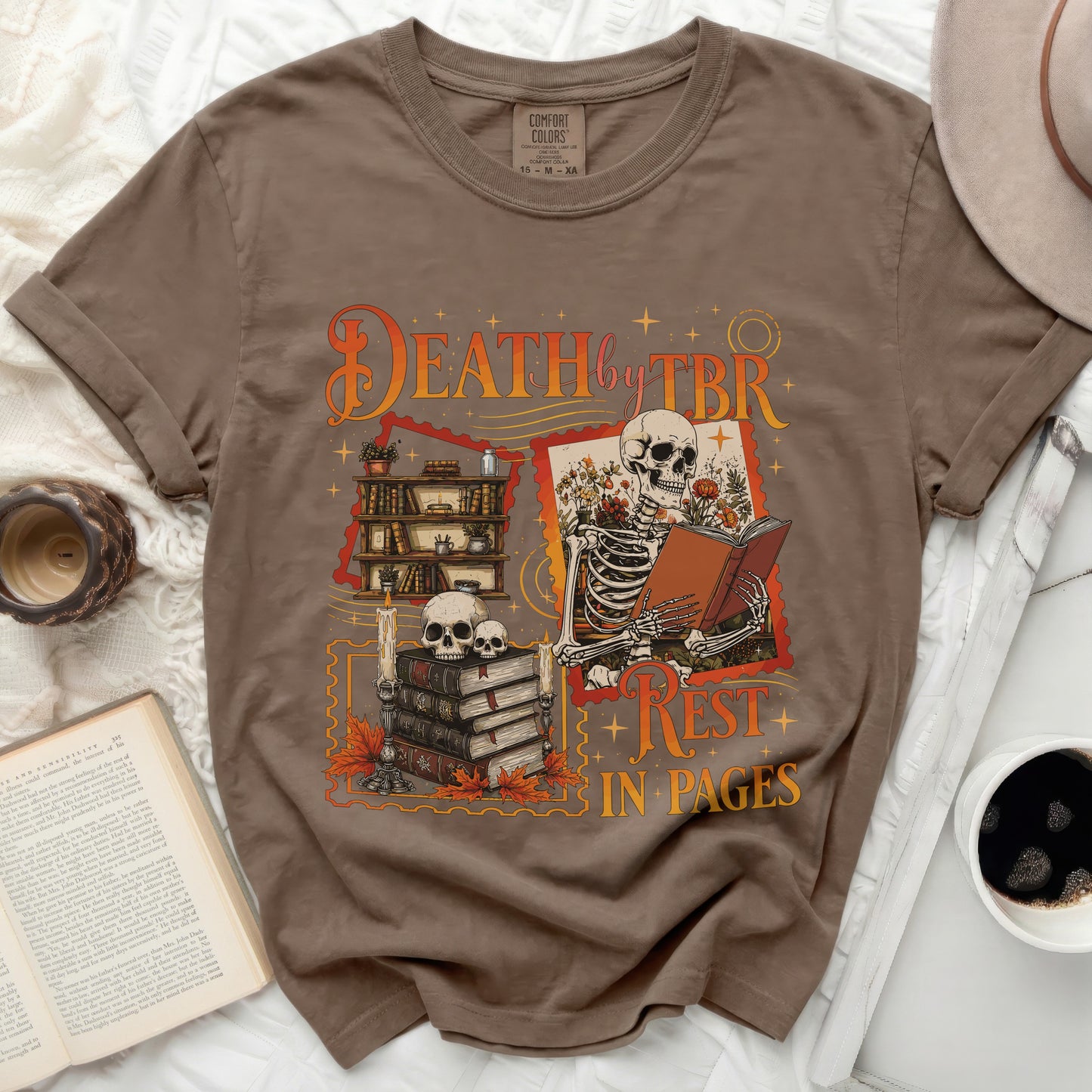 Skeleton reading a book with text "Death by TBR Rest in Pages"