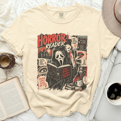 Horror Reader t-shirt with graphic of ghost reading book and horror movie titles.
