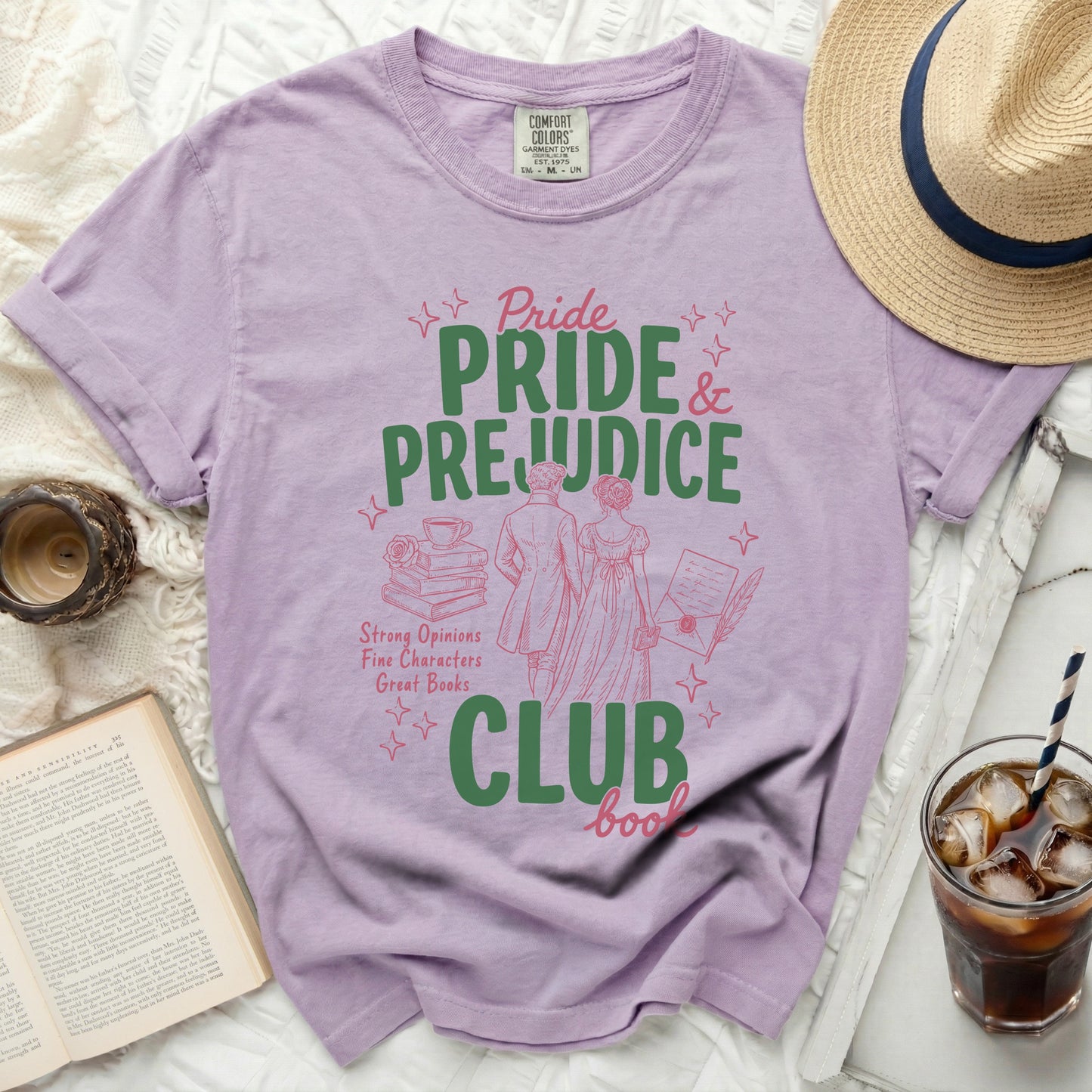 Purple t-shirt with "Pride and Prejudice" book club graphic.
