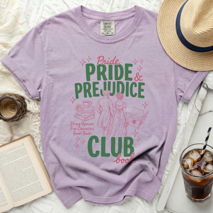 Purple t-shirt with "Pride and Prejudice" book club graphic.