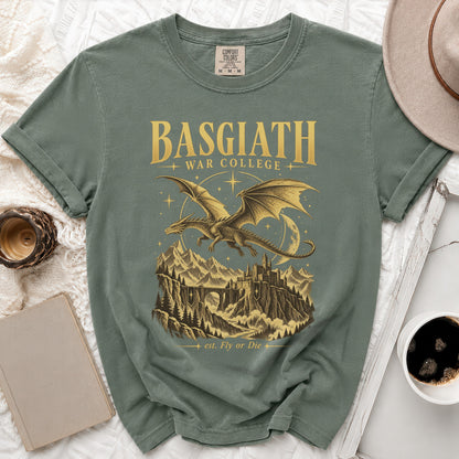 Green t-shirt with dragon and castle graphic, reads "BASGIATH WAR COLLEGE est. Fly or Die".