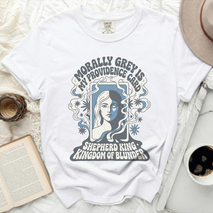 White t-shirt with "Morally Grey is My Providence Card" graphic.