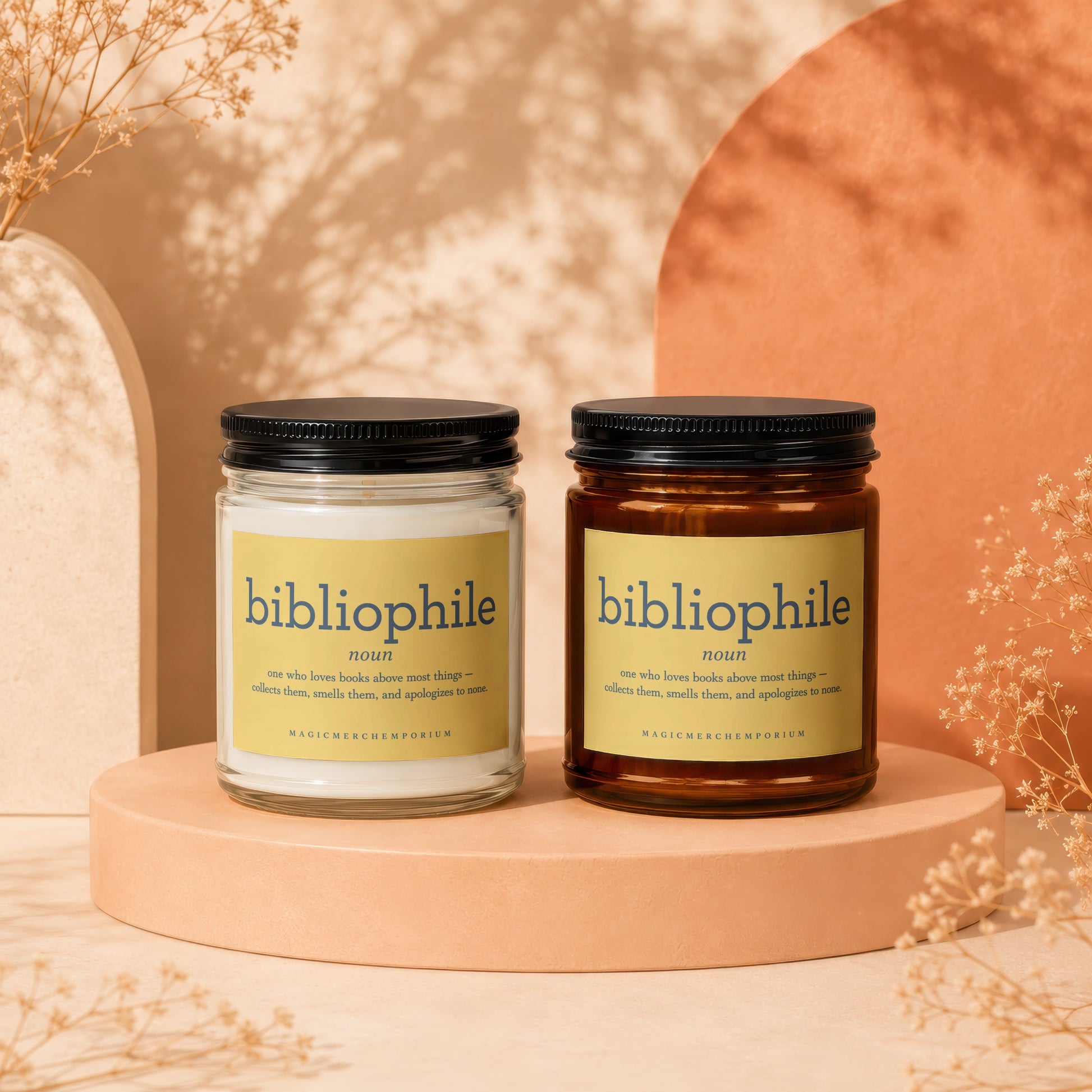 Two jars labeled "bibliophile noun" with definitions and brand name.