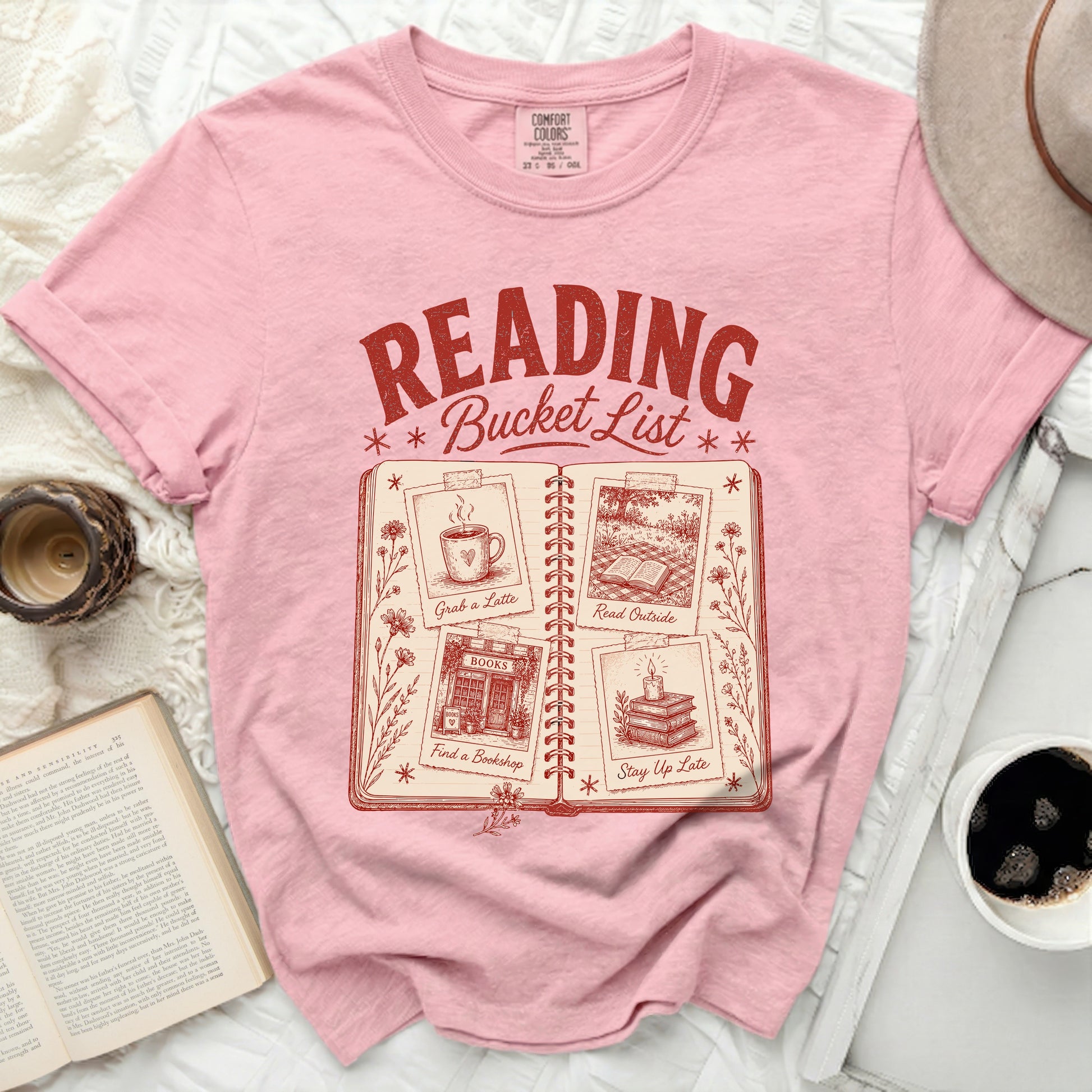 Pink t-shirt with "Reading Bucket List" graphic and four book-related activities.