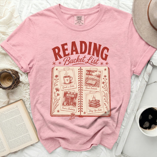 Pink t-shirt with "Reading Bucket List" graphic and four book-related activities.