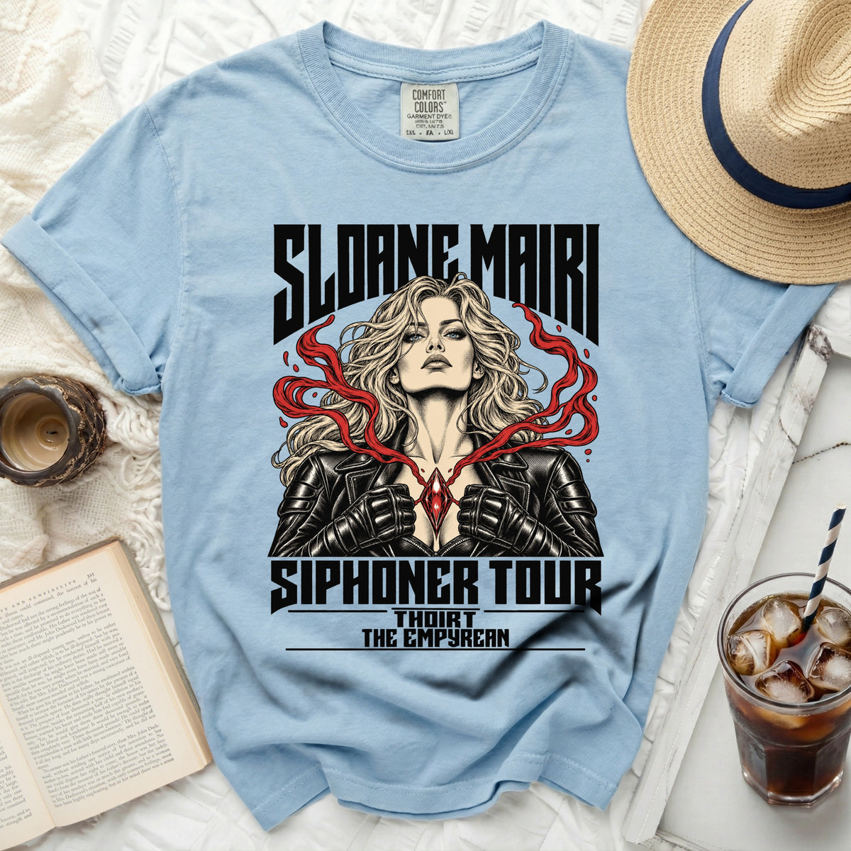 Light blue t-shirt with Sloane Mairi graphic for Siphoner Tour.