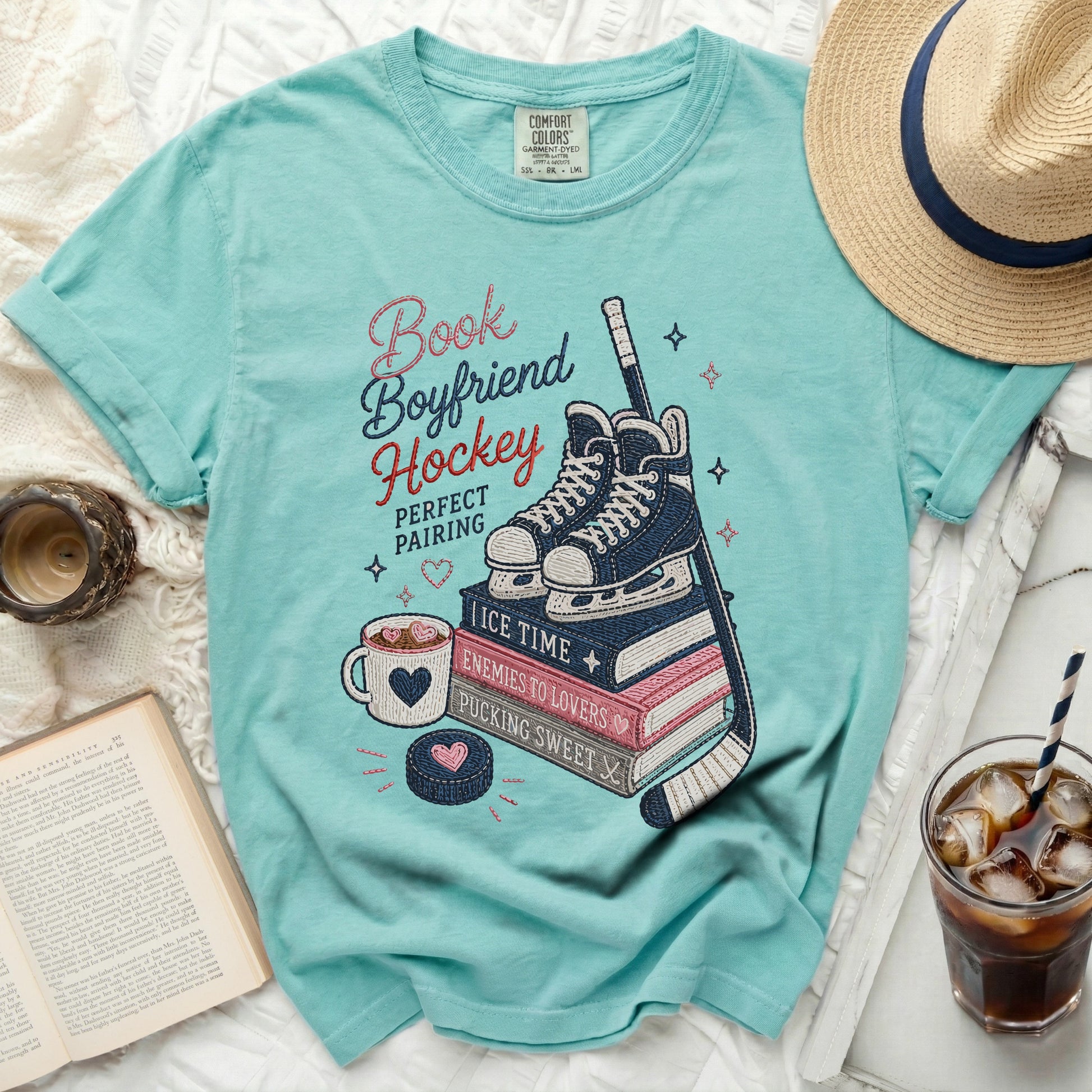 Teal t-shirt with "Boyfriend Hockey" graphic and hockey-themed elements.