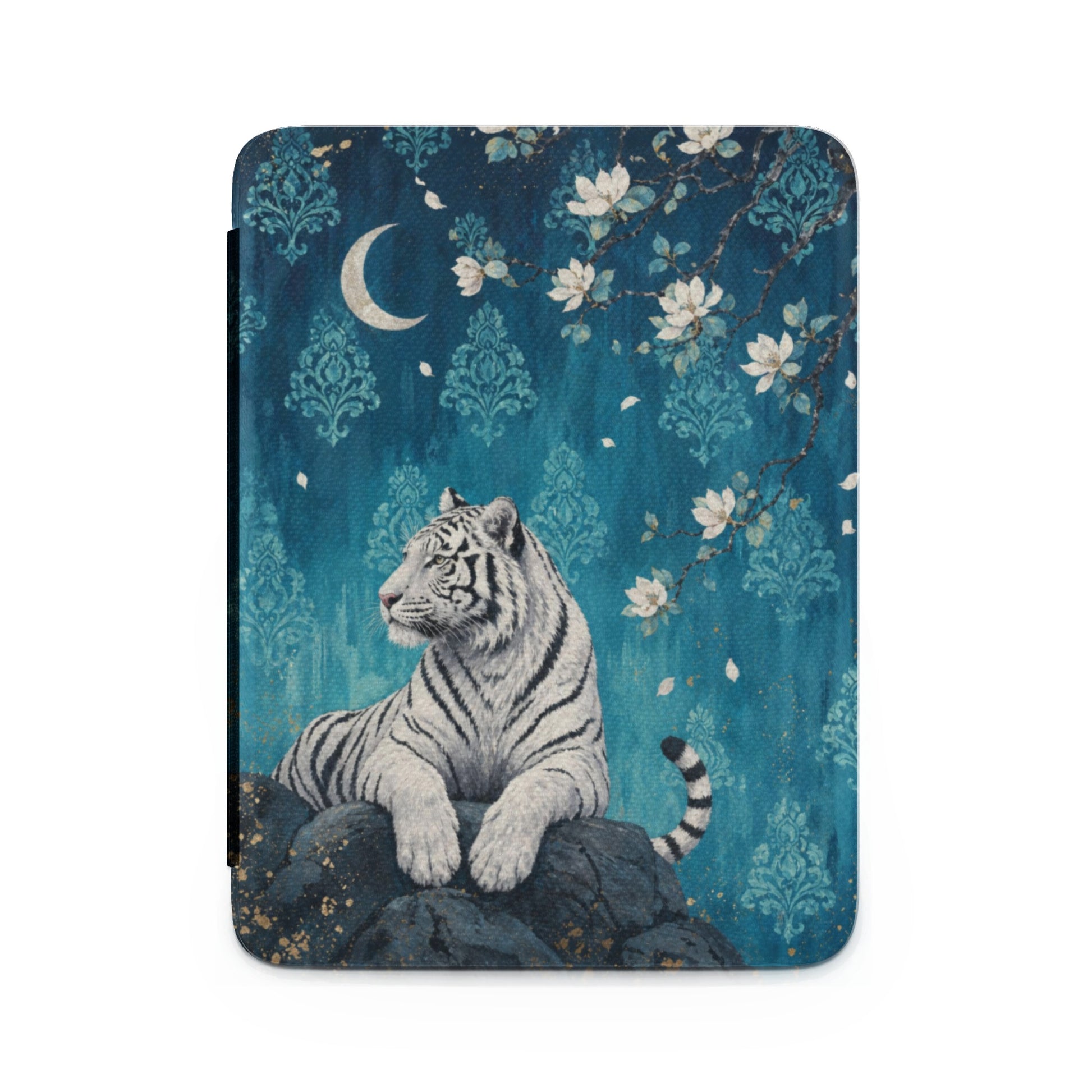White tiger on rock against floral damask and moon background.