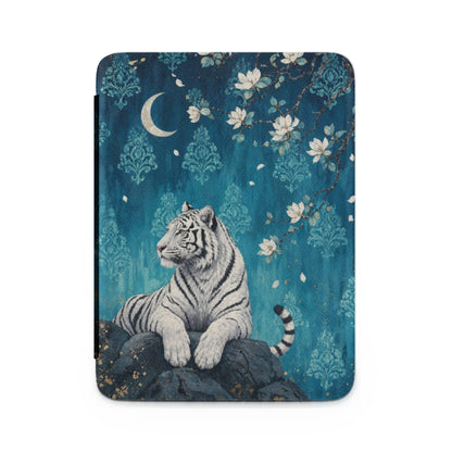 White tiger on rock against floral damask and moon background.