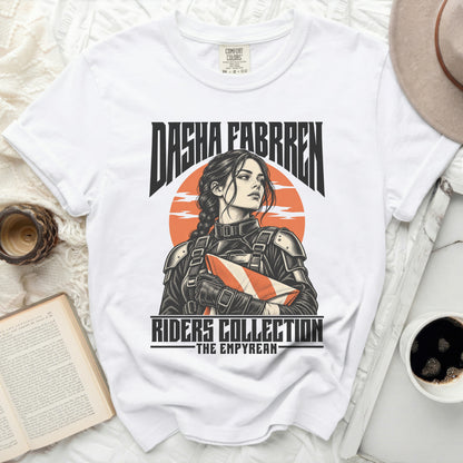 White t-shirt with Dasha Fabrren Riders Collection graphic of a woman.