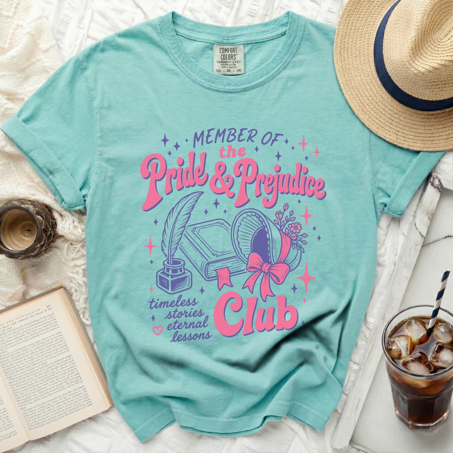 MEMBER OF the Pride & Prejudice Club shirt with book and quill graphic.