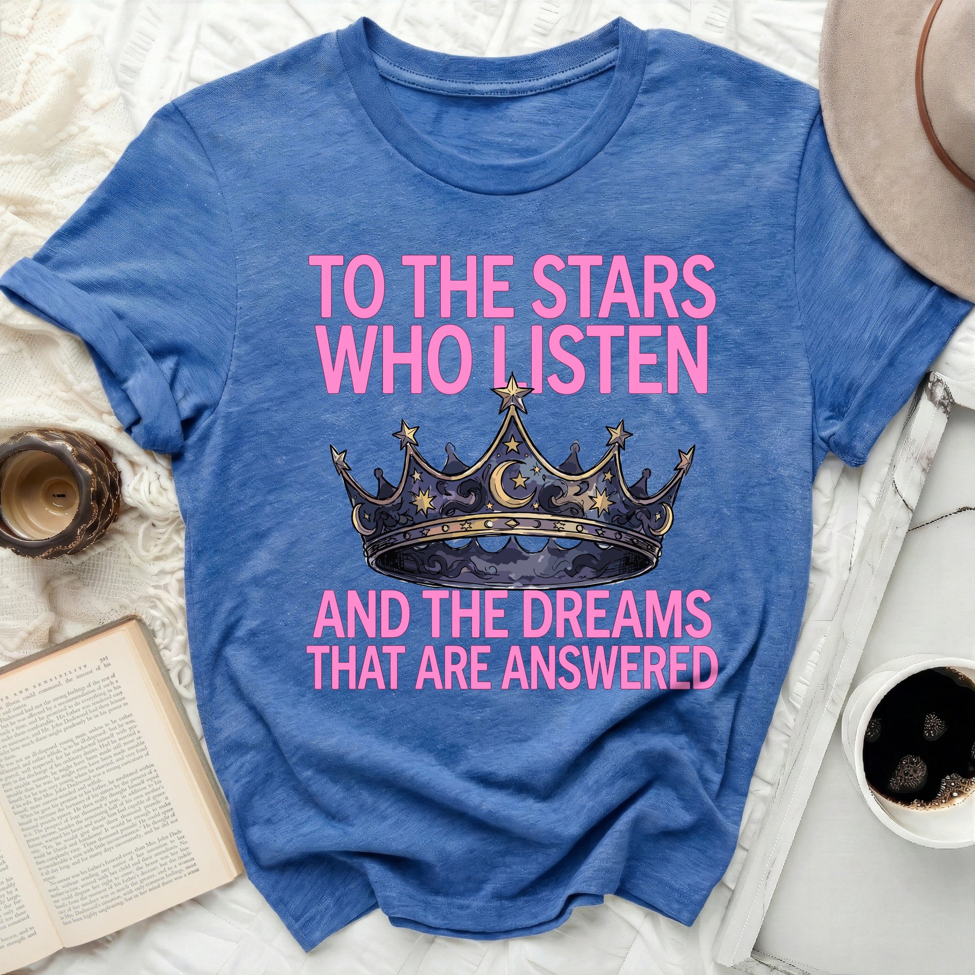 To The Stars Who Listen And The Dreams That Are Answered Tee product type
Blue TShirt, Stars Tee, Crown Shirt, Dreams Design, Listen Quote, Answered Quote, Celestial Crown, Fantasy Inspired, Inspirational Quote, Pink Text, Graphic Shirt, Moon Stars Design, Royal Crown Art, Wishful Saying, Mystical Graphic, Quote Apparel, Statement Tee, Unique Shirt, Positive Message, Aesthetic Tee